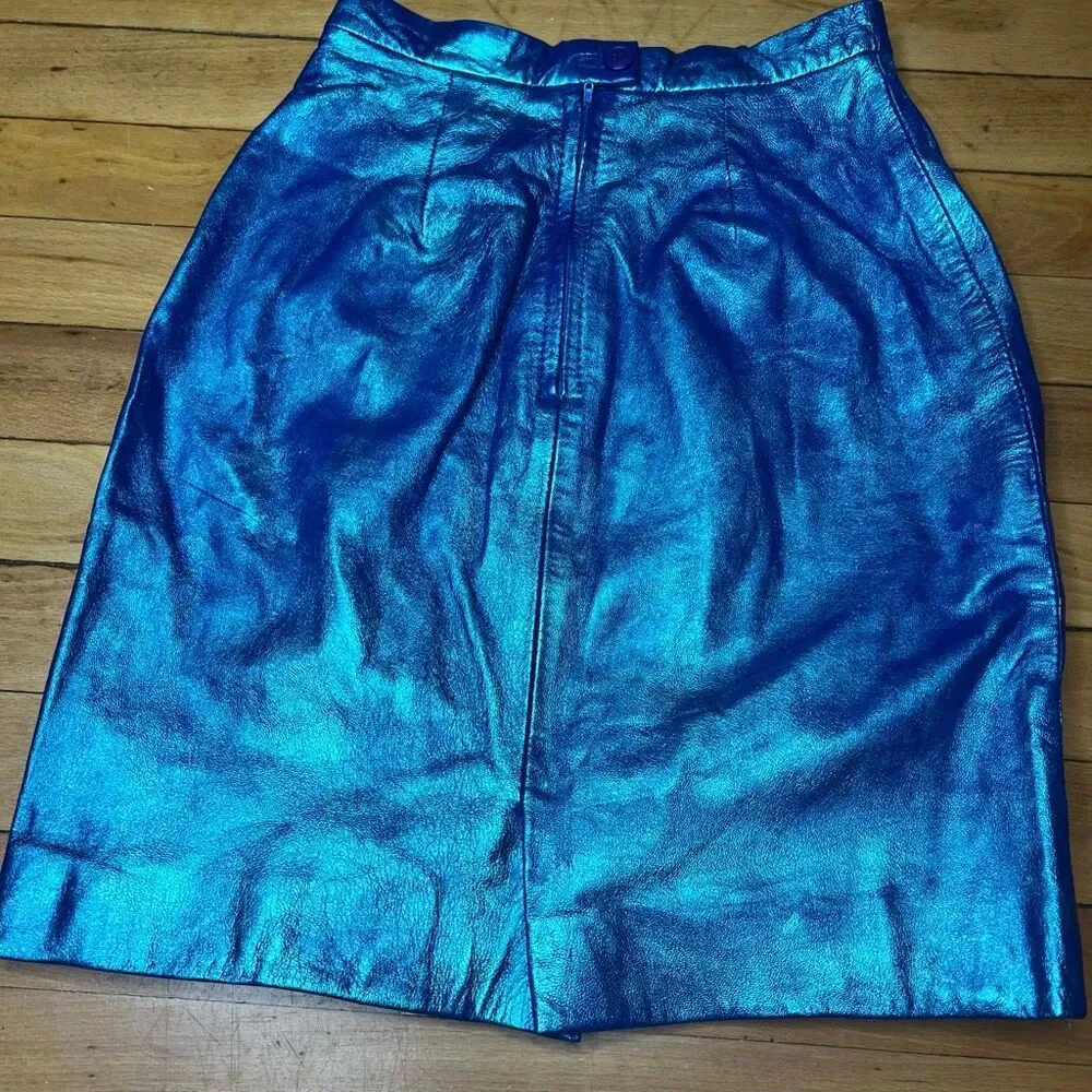Michael Hoban x North Beach Leather Upcycled Metallic Blue Mini Pencil Skirt 3/4